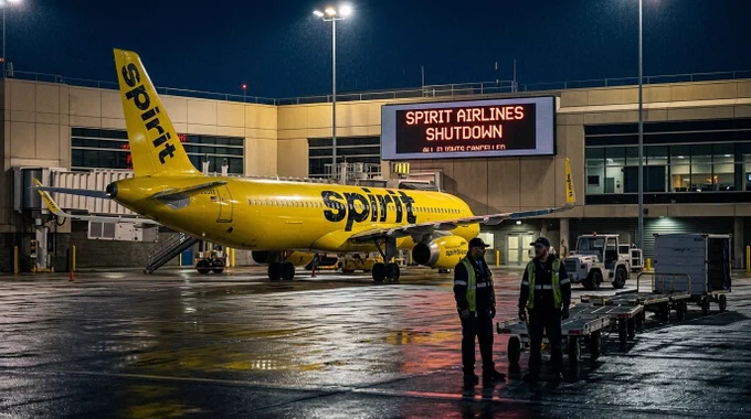 Spirit Airlines aircraft parked at an airport terminal during the airline’s operational shutdown in 2026. The image reflects the emotional and financial impact of the collapse of one of America’s most recognizable low-cost airlines. Airport operations, grounded aircraft, aviation staff, and empty gates highlight the uncertainty faced by passengers and airline employees during the shutdown. The scene represents broader aviation industry challenges including rising fuel costs, operational instability, airline financial pressure, and low-profit business models. This aviation image is related to airline collapse analysis, budget airline operations, commercial aviation disruptions, and the future risks facing low-cost carriers in the airline industry.