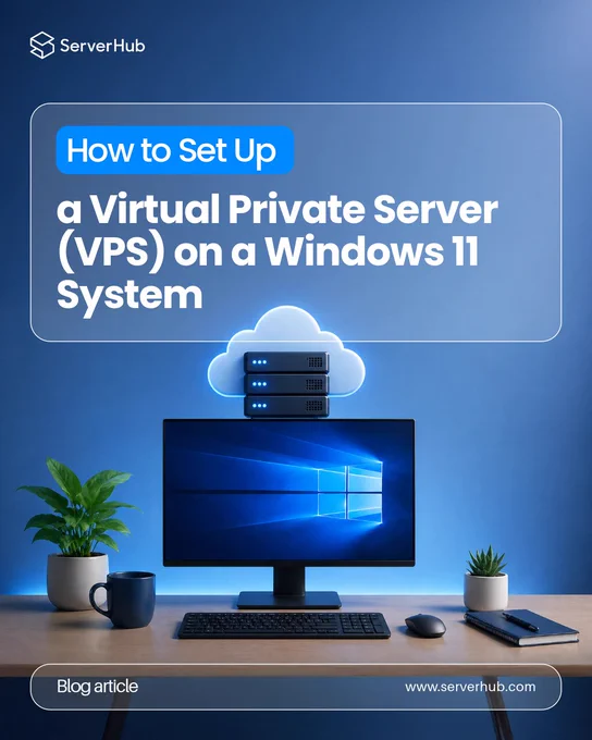 #ServerHub presents its Blog Article for May 2026 "How to Set Up a Virtual Private Server (VPS) on a Windows 11 System". The blog explains the differences between a VPS and a VPN, the advantages of a VPS over other server types, the relationship between VPS and data centers, prerequisites for setting up a VPS on a Windows 11 machine, the limitations of using a VPS, and a step-by-step guide on how to complete a virtual private server Windows 11 setup for both remote and local environments.
