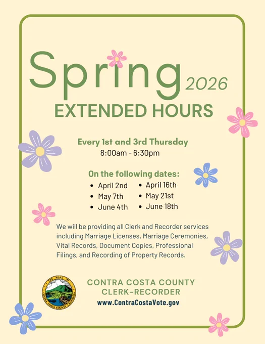 Graphic promoting extended spring hours at the Contra Costa County Clerk-Recorder every 1st and 3rd Thursday from 8am to 6:30pm in 2026.