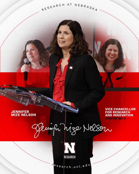 Jennifer Mize Nelson stands at a podium, surrounded by other background images of her, in a graphic announcing her appointment as vice chancellor of research and innovation.