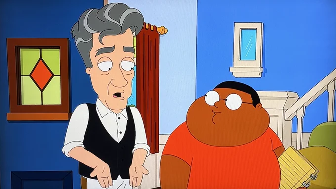 THE CLEVELAND SHOW’s Gus the Bartender, voiced by David Lynch, explaining to Junior that he has the knees of a cow.