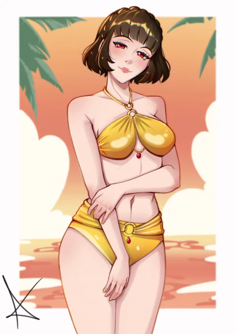 A fanart of Makoto Niijima from Persona 5, in a cute pose and wearing a classic golden week themed outfit while smiling at the camera while behind her there's a golden hour sunset.