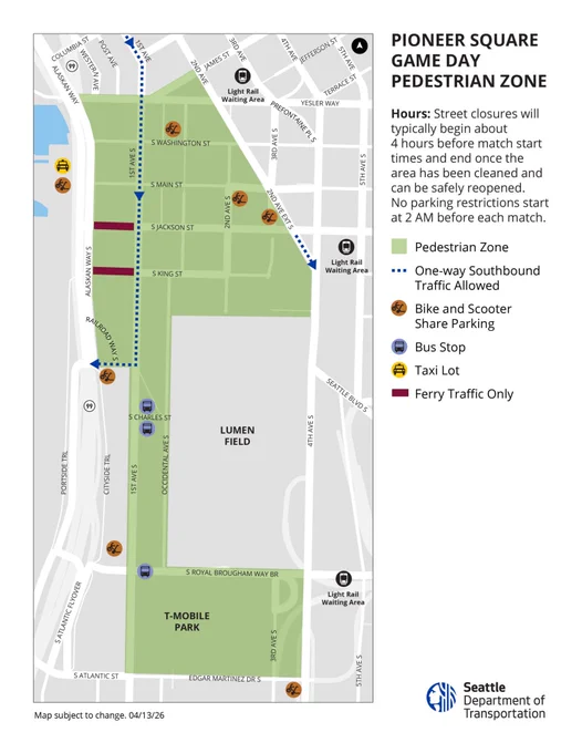 Map of the Pioneer Square Game Day Pedestrian Zone in Seattle. It highlights pedestrian zones, one-way southbound traffic areas, and various transportation options near Lumen Field and T-Mobile Park. Points of interest include bus stops, bike and scooter share parking, taxi lots, and ferry traffic routes. The map is provided by the Seattle Department of Transportation. Text reads: "Hours: Closures will typically begin about 4 hours before match start and end once the area has been cleaned and can be safely reopened. No parking restrictions start at 2 AM before each match."
