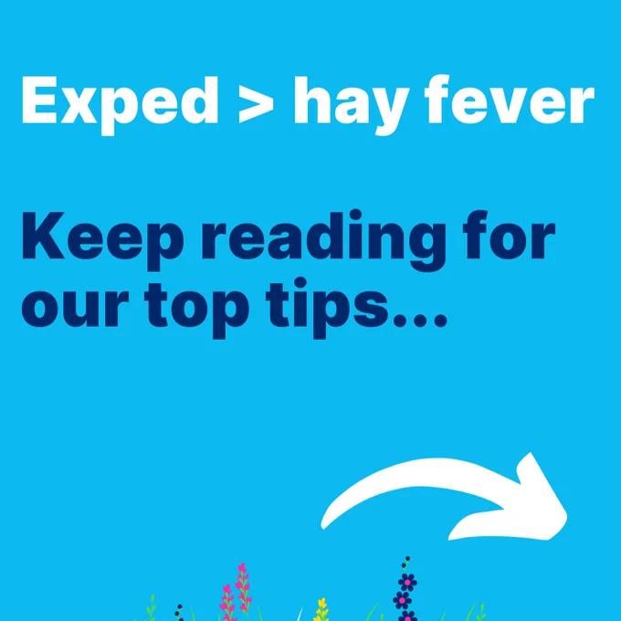 Text on a bright blue background reads: "Exped > hay fever" and "Keep reading for our top tips..." with a white arrow pointing downwards. Colorful flowers and grass decorate the bottom.