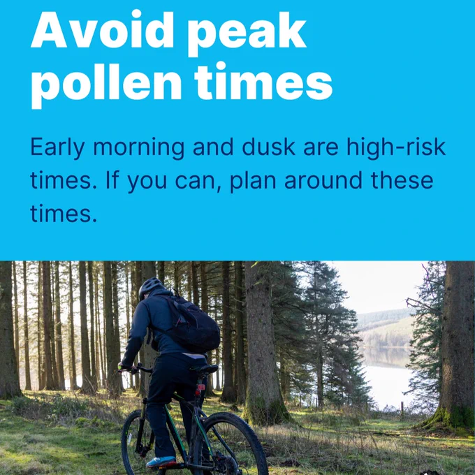 Cyclist riding a mountain bike through a forest with a lake in the background. The text on the image advises avoiding peak pollen times, such as early morning and dusk, and planning activities around these times.