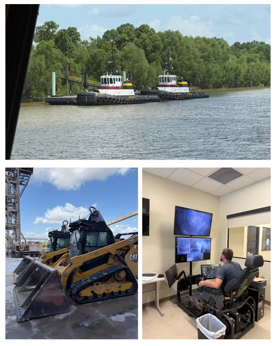 A collage of three scenes related to grain transportation and operations. The top image shows two tugboats on a wide river near a dense, green tree line along the shore. The bottom left image shows two compact tracked loaders with large metal buckets parked side by side on a wet industrial surface beneath tall steel structures and conveyor systems. The bottom right image shows an indoor control room where a person sits in a simulator-style chair operating controls while looking at multiple large monitors displaying camera views and system data.