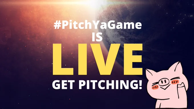 Token space backdrop with a sun breaching a planets horizon.
Pink PYG, the mascot of #PitchYaGame in the bottom right corner of the image, waving with a cute smiley face and closed eyes.
Text reads #PitchYaGame is Live, Get Pitching!