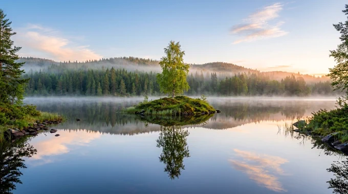 A serene, wide-angle landscape shot of a calm, mirror-like lake at sunrise. In the center of the water sits a tiny, lush island featuring a single, vibrant green birch tree. The background is a dense, deep green coniferous forest shrouded in a soft, ethereal layer of morning mist that hovers just above the water's surface. The sky is a clear, gradient blue with a few wispy, sun-kissed clouds. The entire scene is perfectly reflected in the glass-like water, creating a symmetrical composition with warm, golden morning light illuminating the tree and the mist. High resolution, cinematic lighting, peaceful atmosphere, photorealistic.
