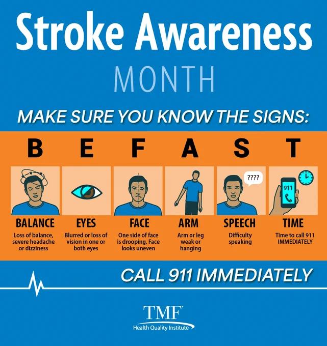 Stroke Awareness Month Make sure you know the signs. Call 9-1-1 immediately.