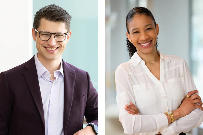Side by side portraits of two scientists, Sven Dorkenwald (left) and Whitney Henry (right)