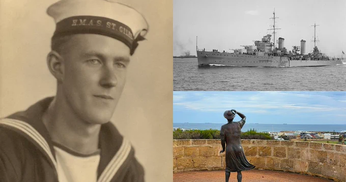 Thomas Welsby Clark, HMAS Sydney (II) sailor, shown alongside the ship and memorial honoring those lost in World War II