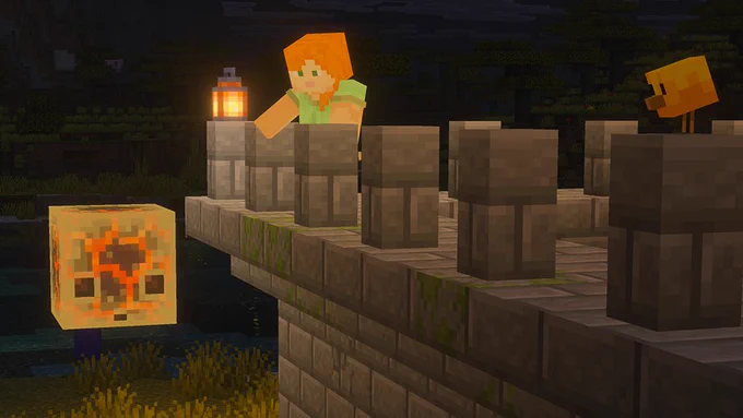 Alex is dropping a sulfur cube with a magma block onto some hostile mobs