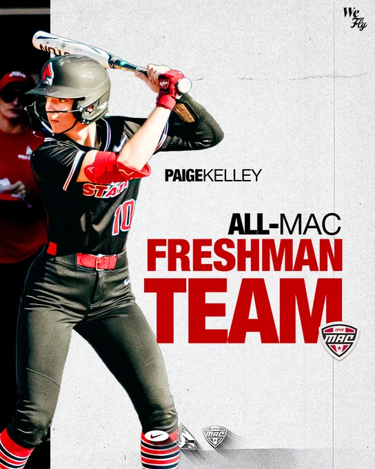 A graphic featuring an action shot of Ball State softball freshman Paige Kelley batting in her all black uniform with red belt and pinstripe socks, with head coach Helen Pena in the background of the dugout watching.

The action photo is cut out over a white gritty texture with the words We Fly in the top left, as well as a name tag identifying Paige Kelley and the words All-MAC Freshman Team. There is also the Ball State colorized version of the Mid-American Conference logo.

Additional logos are white versions of Nike, Ball State Athletics and the Mid-American Conference. Ball State athletics is sponsored by Nike and Ball State volleyball is a proud member of the Mid-American Conference.