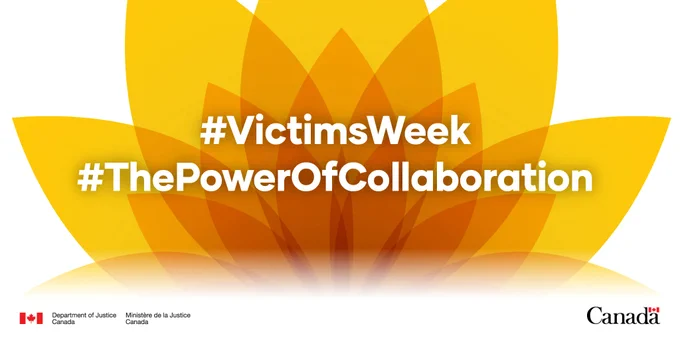 Graphic featuring layered orange petals forming a lotus-like shape in the background. Overlaid text reads: “#VictimsWeek” and “#ThePowerOfCollaboration”. The URL canada.ca/justice and the Government of Canada wordmark are included at the bottom.