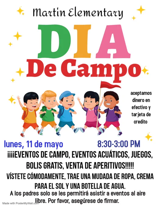 Poster with text "Día De Campo" and five children. One holds a flag. Background has white and green.