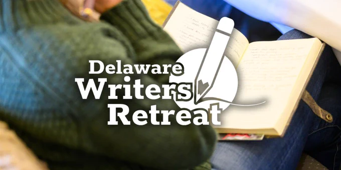 Promotional graphic for the Delaware Writers Retreat featuring the program’s white logo and pen icon over a close-up photo of a person in a green sweater writing in an open notebook on their lap.