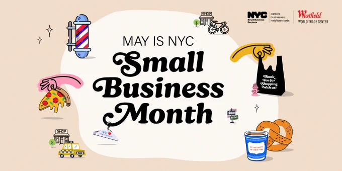 Illustration celebrating NYC Small Business Month in May with icons of pizza, bagel, barber pole, and local delivery scenes.