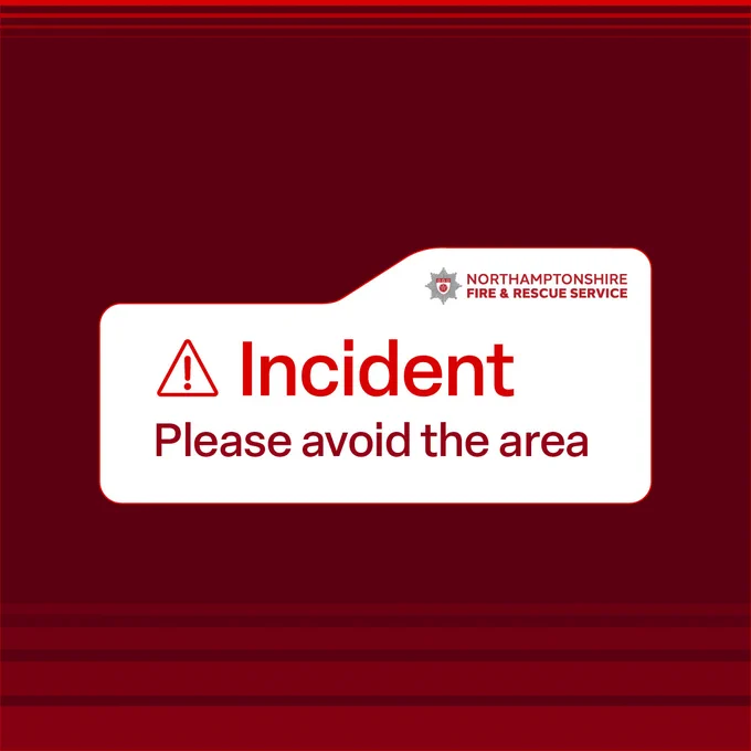 Red background with a white box in the middle. Text in the box reads Incident: Please avoid the area