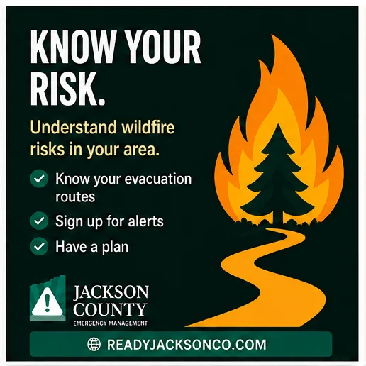 Graphic with flame and tree icon and text “Know Your Risk.” Includes bullet points: know evacuation routes, sign up for alerts, have a plan. Jackson County Emergency Management logo and website included.
