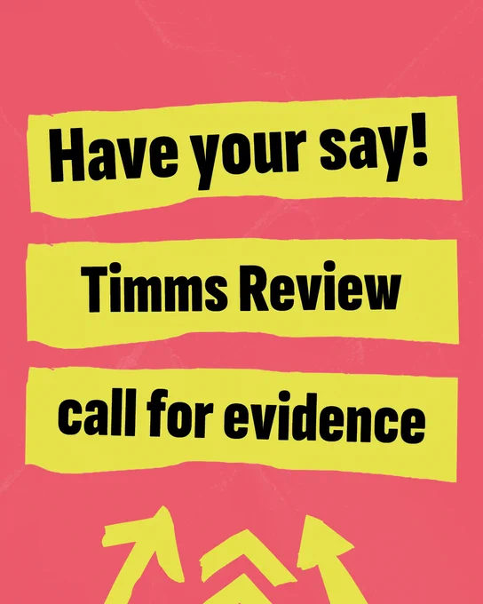 Bold black text on bright yellow tape reads: Have your say! Timms Review call for evidence. The background is bright red with bright yellow arrows pointing to the text.