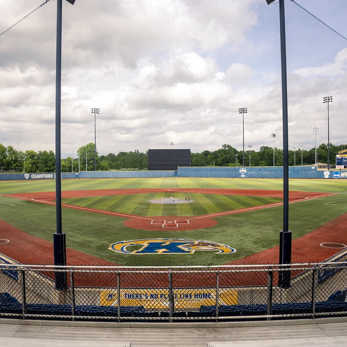 Kent State Universities baseball diamond field from behind the home base.
