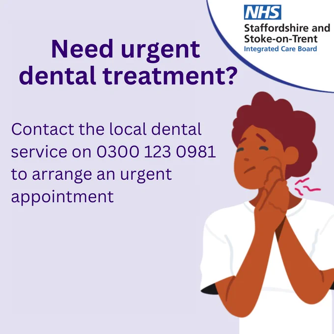 An illustration of a person holding their jaw in pain. Text reads 'Need urgent dental treatment? Contact the local dental service on 0300 123 0981 to arrange an urgent appointment.'