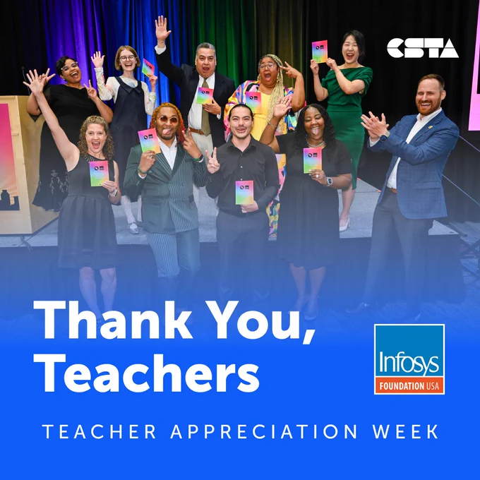 Group of teachers receiving Teaching Excellence Awards. Text reads: Thank You, Teachers. Teacher Appreciation Week. 