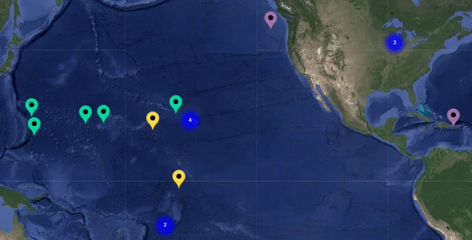 Map showing fieldwork sites marked with colored pins and numbered clusters. 
