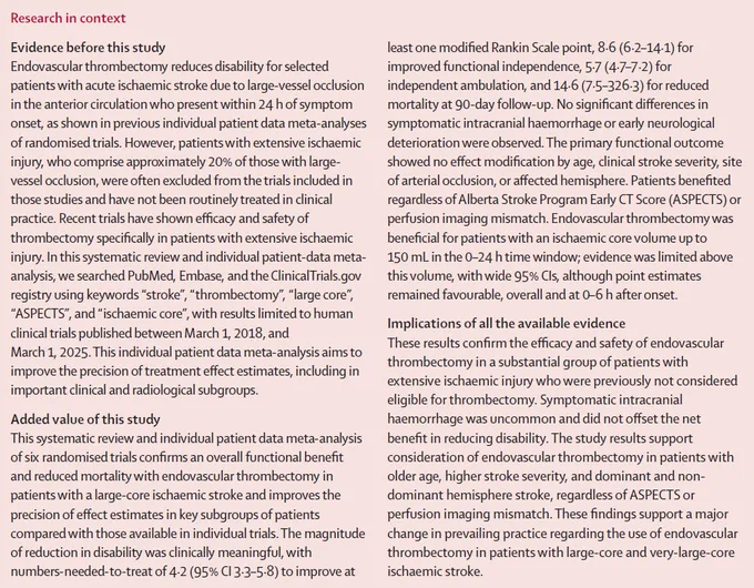 Research in context panel for paper published in The Lancet entitled \"Endovascular thrombectomy for patients with large-core ischaemic stroke presenting up to 24 h after onset (ATLAS): a systematic review and individual patient data metaanalysis\nwith central imaging adjudication\". Copyright: 2026 Elsevier Ltd. All rights reserved.