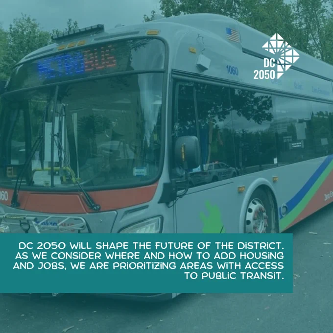 A DC WMATA Metro Bus is pictured along with the logo for DC 2050, the District's Comprehensive Plan in the image foreground.

Text Overlays on the image read: "DC 2050 will shape the future of the District. As we consider where and how to add housing and jobs, we are prioritizing areas with access to public transit."
