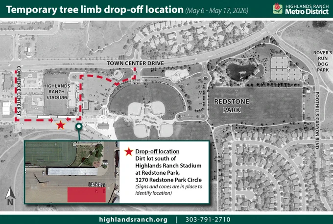 A map of the temporary tree limb drop-off located south of Highlands Ranch Stadium at Redstone Park, 3270 Redstone Park Circle. The site will be open May 6-May 17.