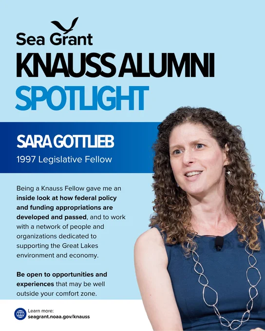 A "Sea Grant Knauss Alumni Spotlight" graphic featuring Sara Gottlieb, a 1997 Legislative Fellow. Sara is shown speaking at an event, wearing a blue sleeveless dress and a silver necklace. Her quote mentions how the fellowship gave her an inside look at federal policy and funding for the Great Lakes, advising others to be open to experiences outside their comfort zone.