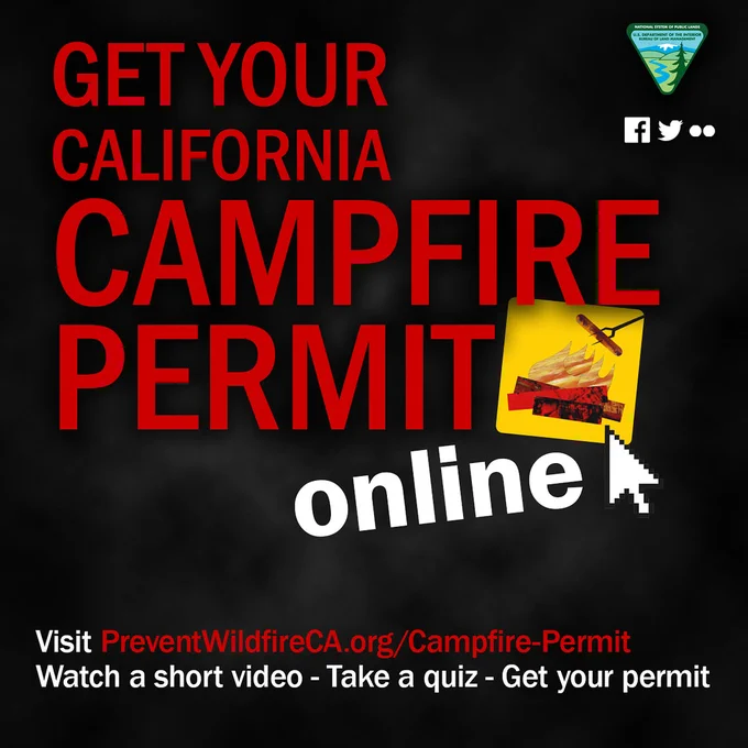Bold red text urging to get a California campfire permit online with a small campfire icon and a cursor clicking the word online.