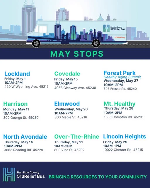A flyer of the 513Relief's May stops