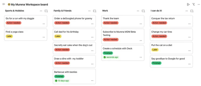 Deck from Murena Workspace showing a board to organize different tasks
