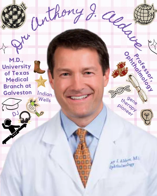 Illustrated profile image of ophthalmologist Anthony J. Aldave in a white coat, surrounded by handwritten-style text and graphics highlighting his medical training, academic role, work in gene therapy, ophthalmology, and interests such as DJing.