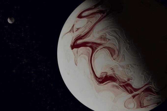 A rendering of a planetary atmosphere, showing a jet stream in shades of maroon.