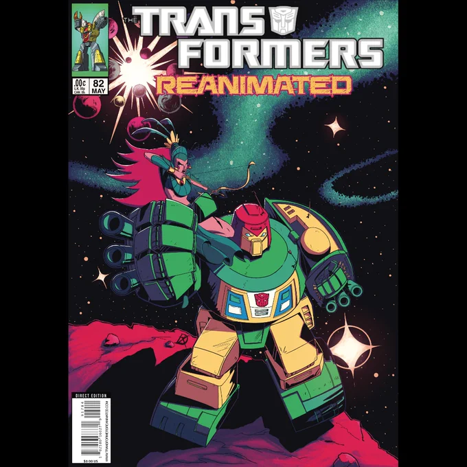 The cover for the Transformers REANIMATED Issue 82 features Cosmos standing proud on an asteroid holding up an angry Talaria in his right hand. She has  her bow and arrow drawn at Cosmos' head. His body looks to have already taken several arrow shots. The Autobot crushes a fist full of arrows in his left hand. The background of this comic book cover has very Jack Kirby inspired space background.
