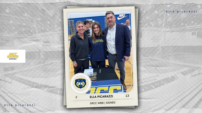 Graphic with a picture showing a student athlete and their coach and family member(s) as they sign their National Letter of Intent to play college athletics.