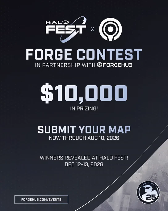 Halo Fest Forge Contest graphic highlighting $10,000 in prizes, map submissions open through Aug 10, 2026, with winners revealed at Halo Fest Dec 12–13.