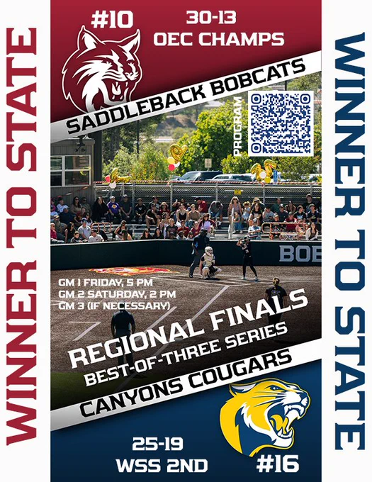 Promotional graphic for the Regional Finals softball best-of-three series between the Saddleback Bobcats and the Canyons Cougars.