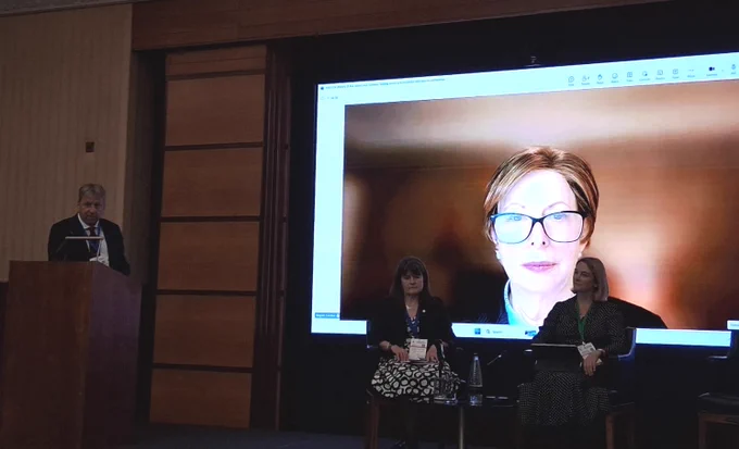 Three speakers in a panel discussion in person and one speaker joining virtually. 