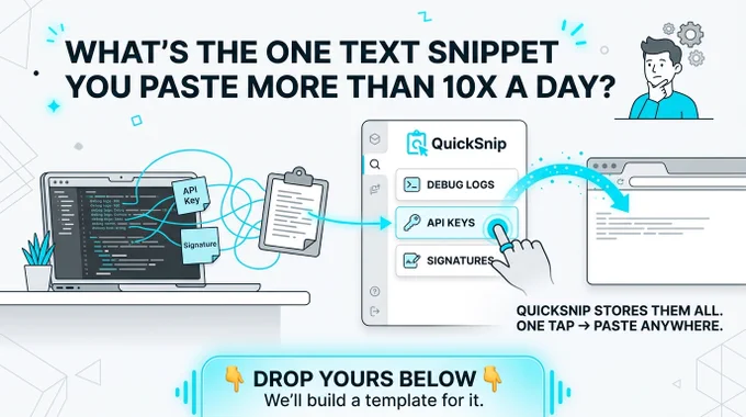 QuickSnip - Save Notes & Sync
Save notes, manage clipboard, OCR scan, Cloud Sync & Wi-Fi transfer to computer.
Tired of typing the same things over and over? Meet QuickSnip! 🚀

QuickSnip is your friendly, all-in-one productivity companion designed to help you save, organize, and reuse your favorite text snippets and notes in a snap. Whether you’re a developer storing code blocks, a student managing research, or just someone tired of re-typing their address, QuickSnip keeps everything one tap away!