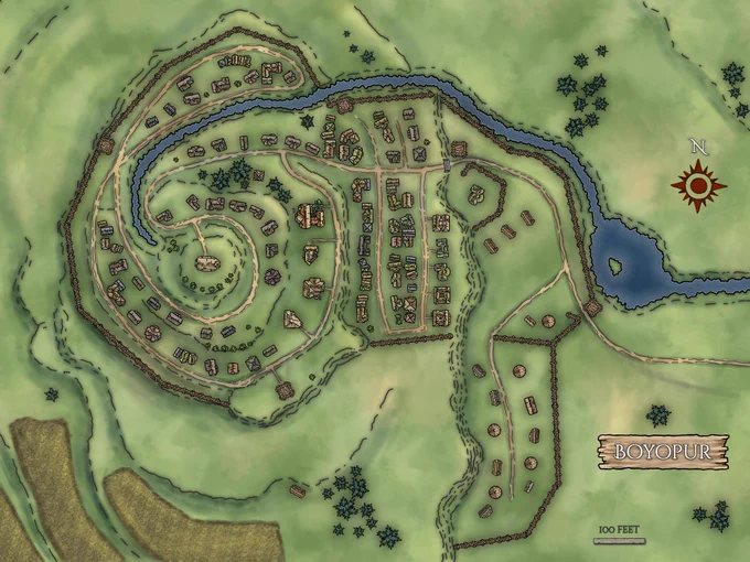 Illustrated top-down fantasy village map labeled “Boyopur.” A walled settlement sits on a raised circular hill at left, with winding roads spiraling around a central building and clusters of small houses inside the walls. A river runs along the village’s northern edge, crossed by bridges, and continues east into a small pond or widened pool. Outside the eastern gate, a fenced outer district contains scattered buildings, round huts or tents, and a road leading away. Trees and open grassy land surround the village, with cultivated fields in the southwest corner. A compass rose marks north, and a scale bar shows 100 feet.

