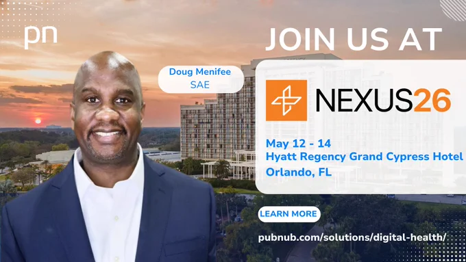 An invitation to the NEXUS26 conference featuring a man in a suit with event details overlaid. The mood is professional and welcoming.