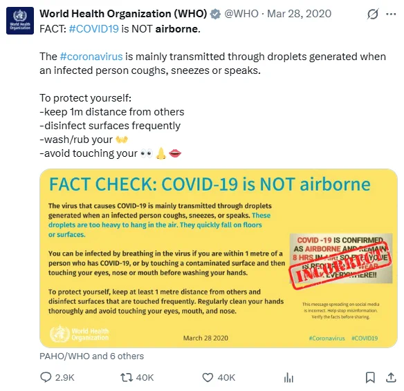 Screenshot: Mar 28, 2020: WHO says "FACT CHECK: COVID-19 is NOT airborne"