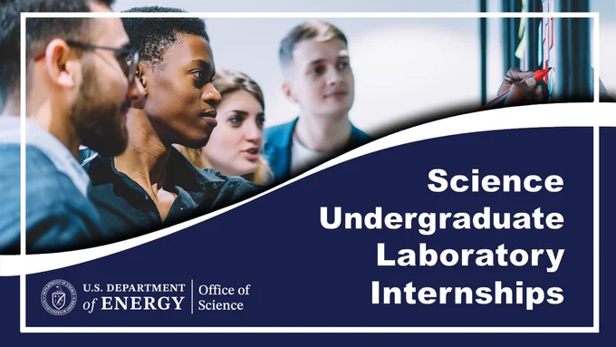 Three students looking at another student writing on a whiteboard; text: Science Undergraduate Laboratory Internships