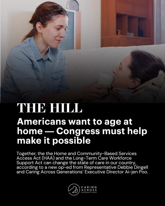 A caregiver in a blue shirt sits beside an elderly woman in bed, holding her hand. Text overlays discuss aging at home and legislative support. 