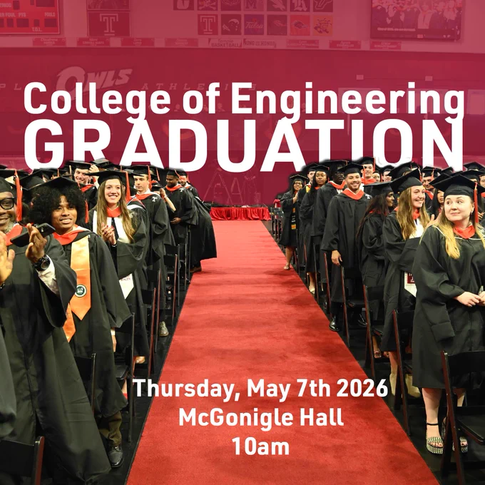 A group of graduates in caps and gowns stand on either side of a red carpet. Text reads: "College of Engineering Graduation, Thursday, May 7th 2026, McGonigle Hall, 10am."