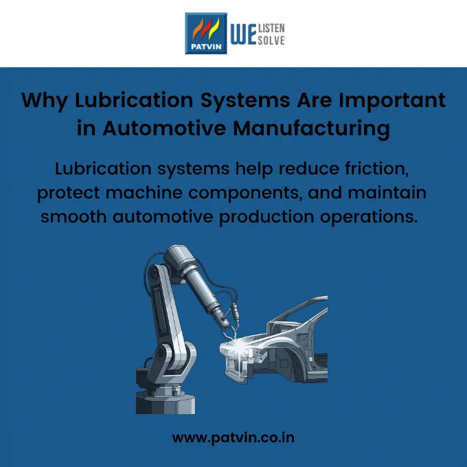 Illustration of an automotive robotic production system highlighting the importance of lubrication systems in manufacturing. 